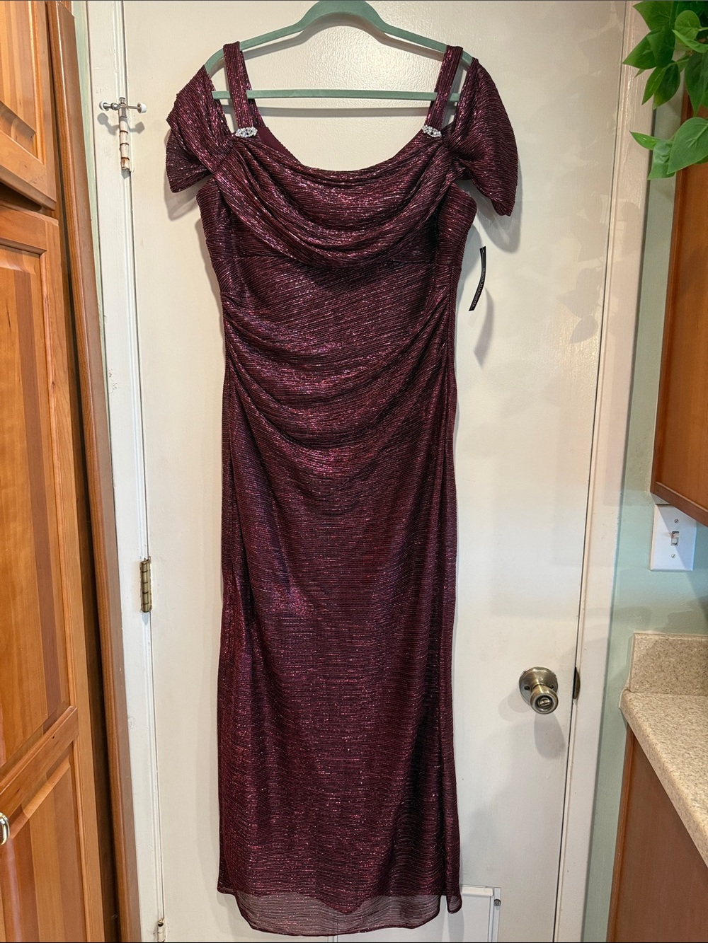 Elegant Long Crinkle Cold Shoulder Gown W/Draped Cowl Neck & Rhinestone Straps